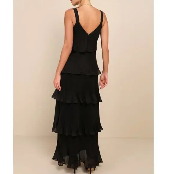 Lulus Elegant Nature Black Pleated Sheath Chiffon Sleeveless Tiered Maxi Dress - Picture 4 of 10